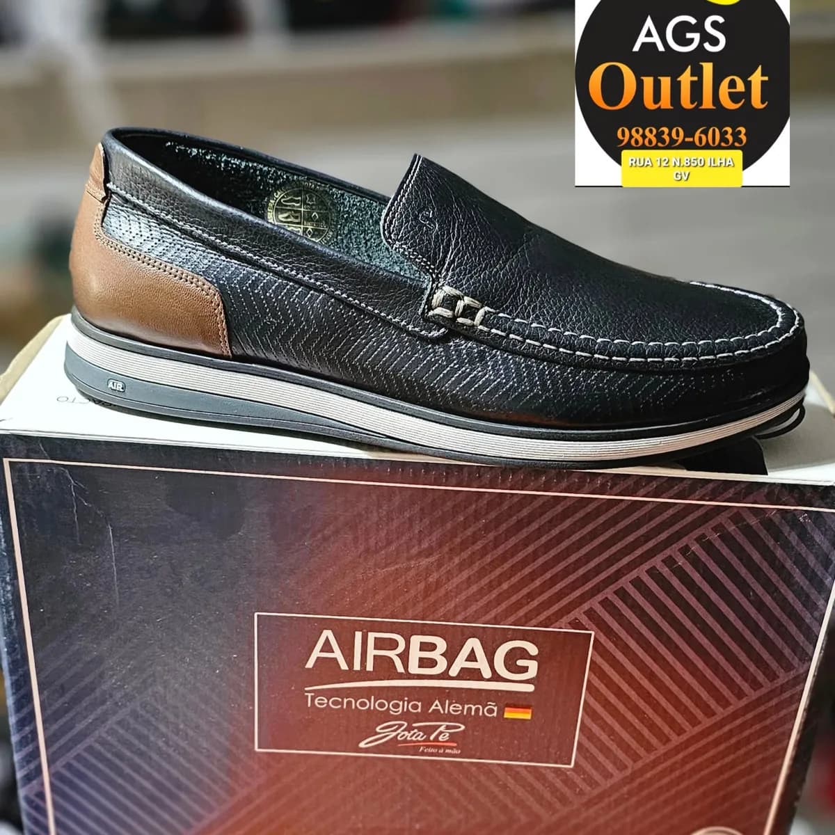 Sapato Airbag de couro preto e caramelo